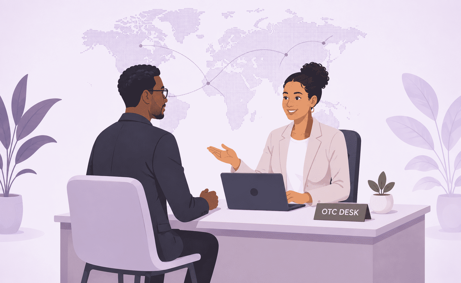 A client and a SwiftFiat trader talking across the OTC desk